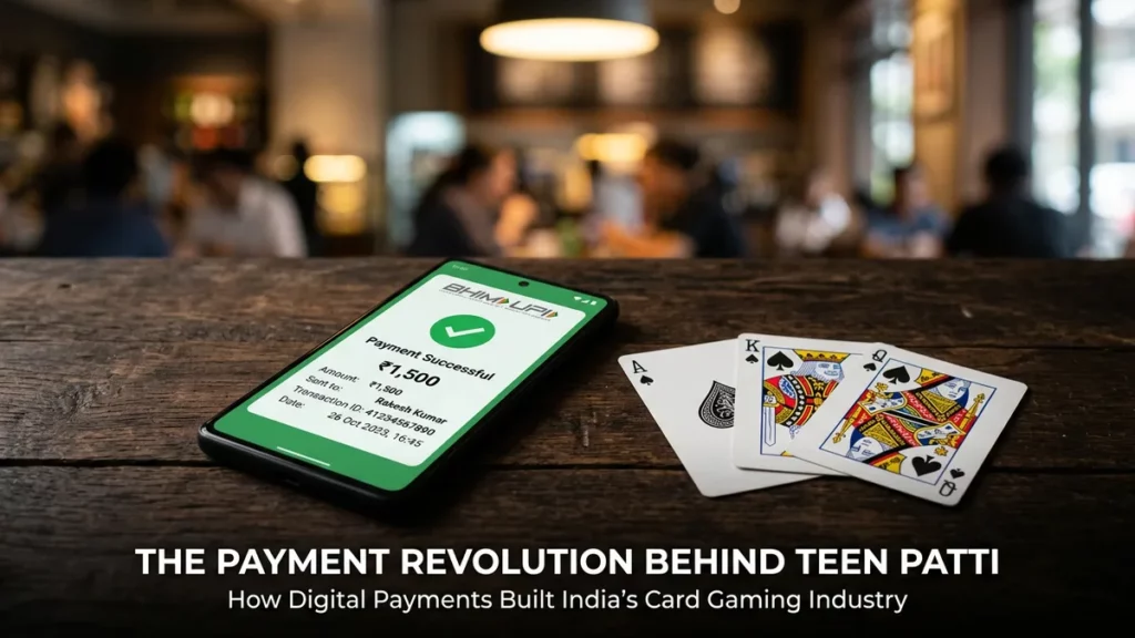 Smartphone showing UPI payment confirmation next to three playing cards on wooden table