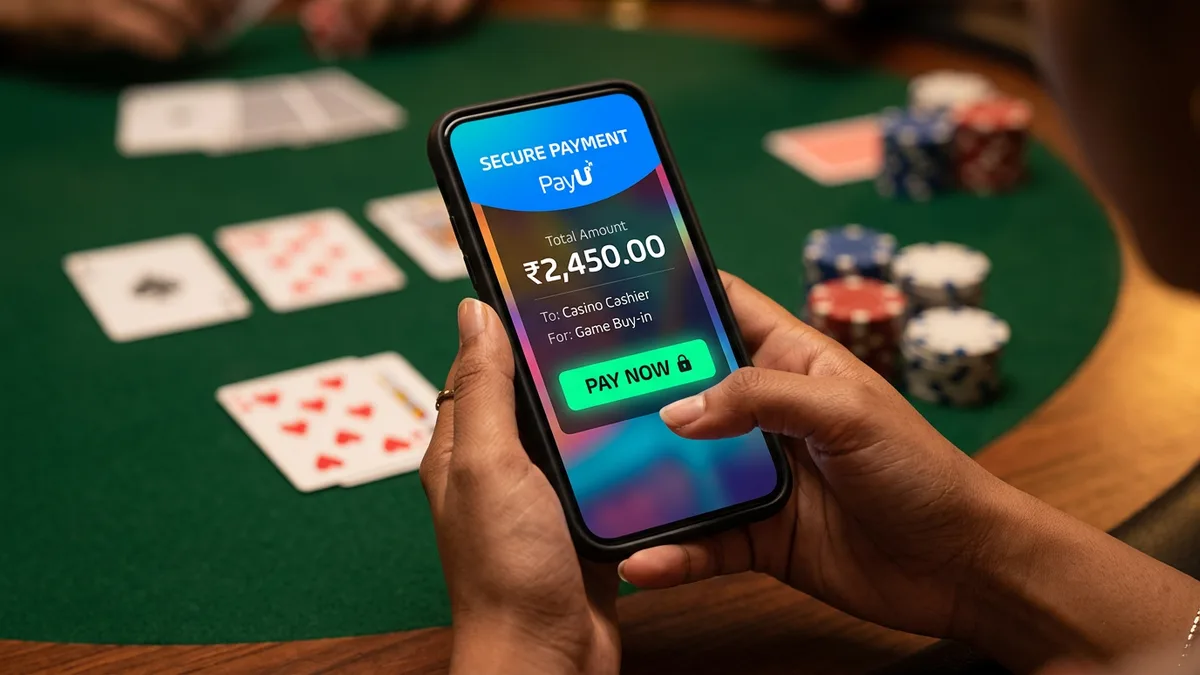 Hands holding smartphone with UPI payment app at a card gaming table